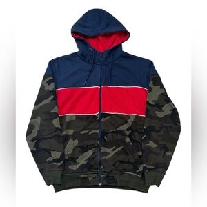 (SOLD) CSG Men’s Fleece Large Red Blue Camo Full Zip Pocket Hoodie Outdoor